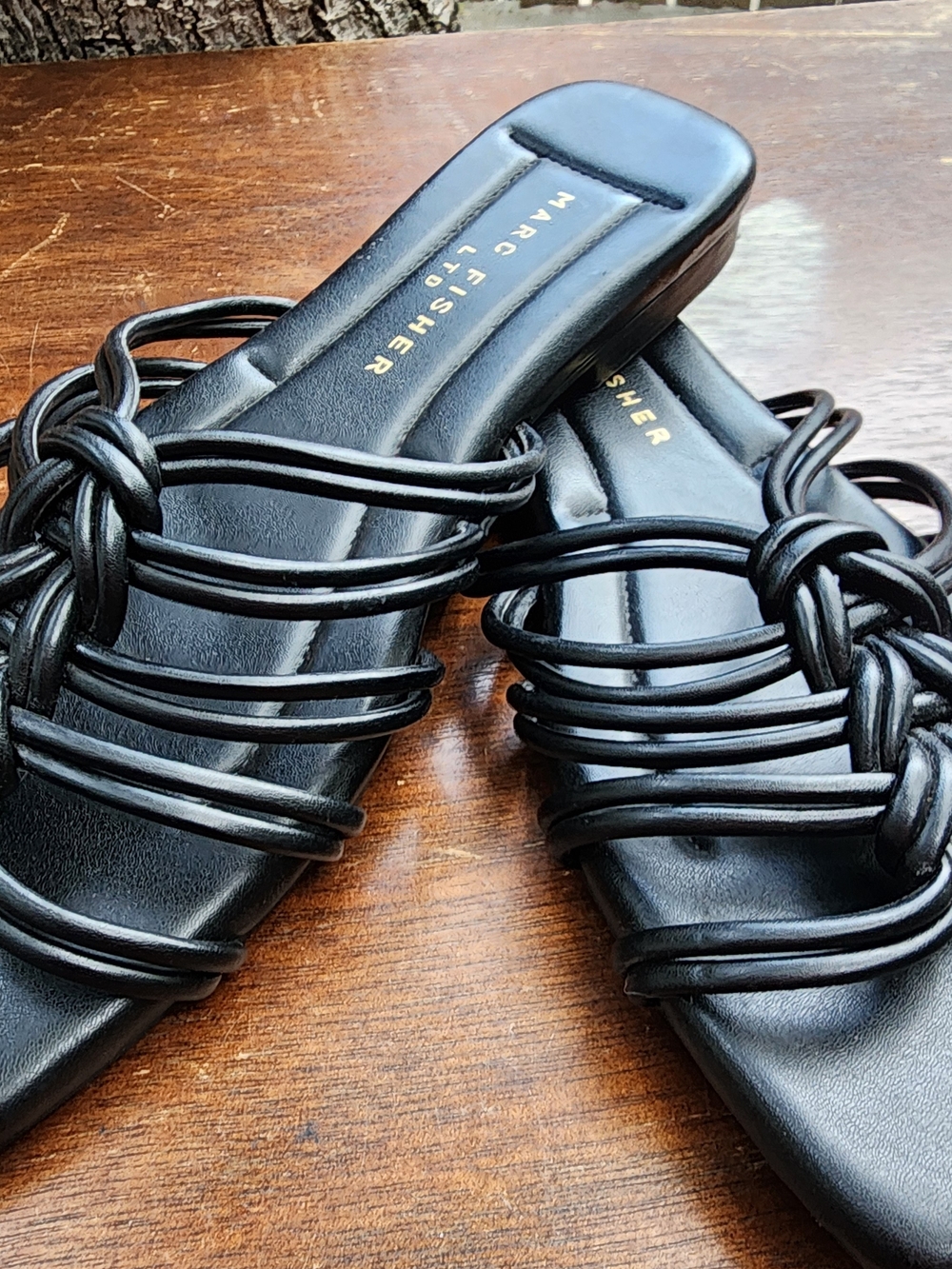 Marc Fisher LTD Casara Black Knotted Multi Strap Square Toe Slide Sandals Size 8